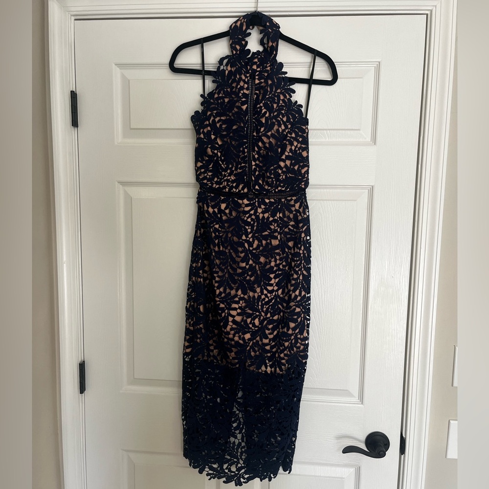 Lulu's Navy and Nude Lace Midi Dress